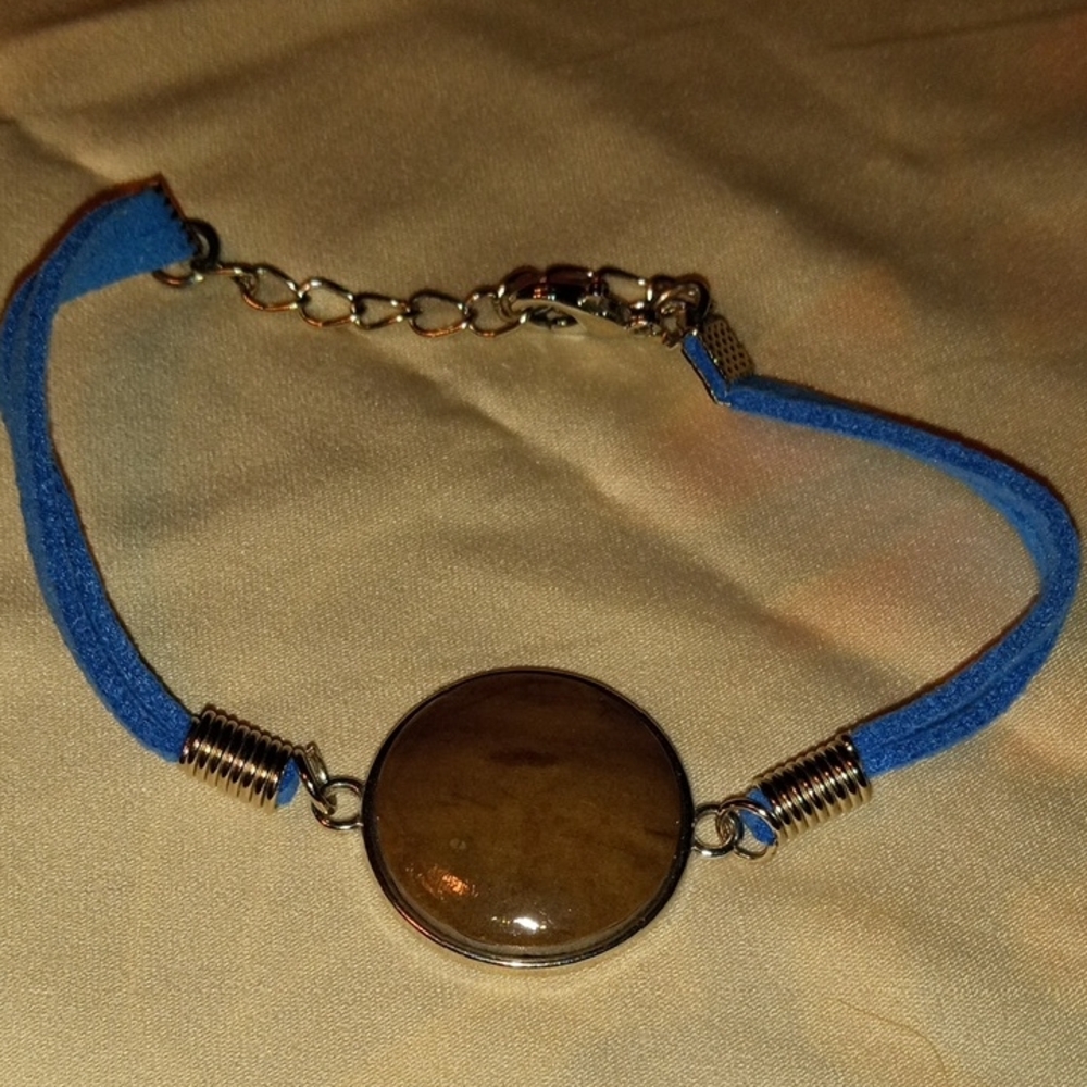 Blue Cord Bracelet with Brown Stone Hand Made Nebraska River Rock